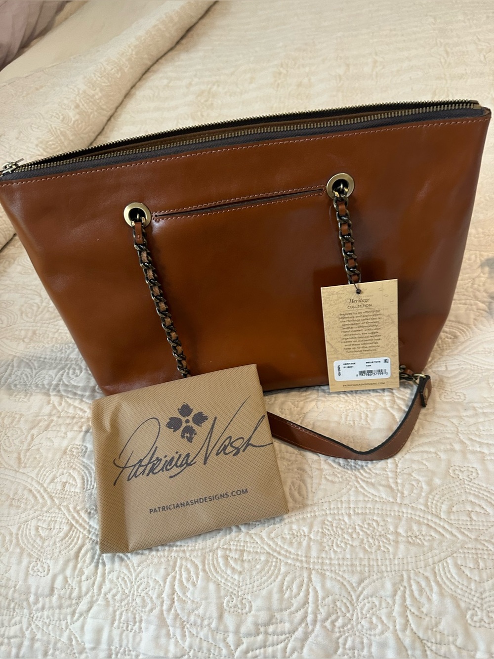 NWT Patricia Nash Rich Cognac Leather Chain-Trim Shoulder Bag